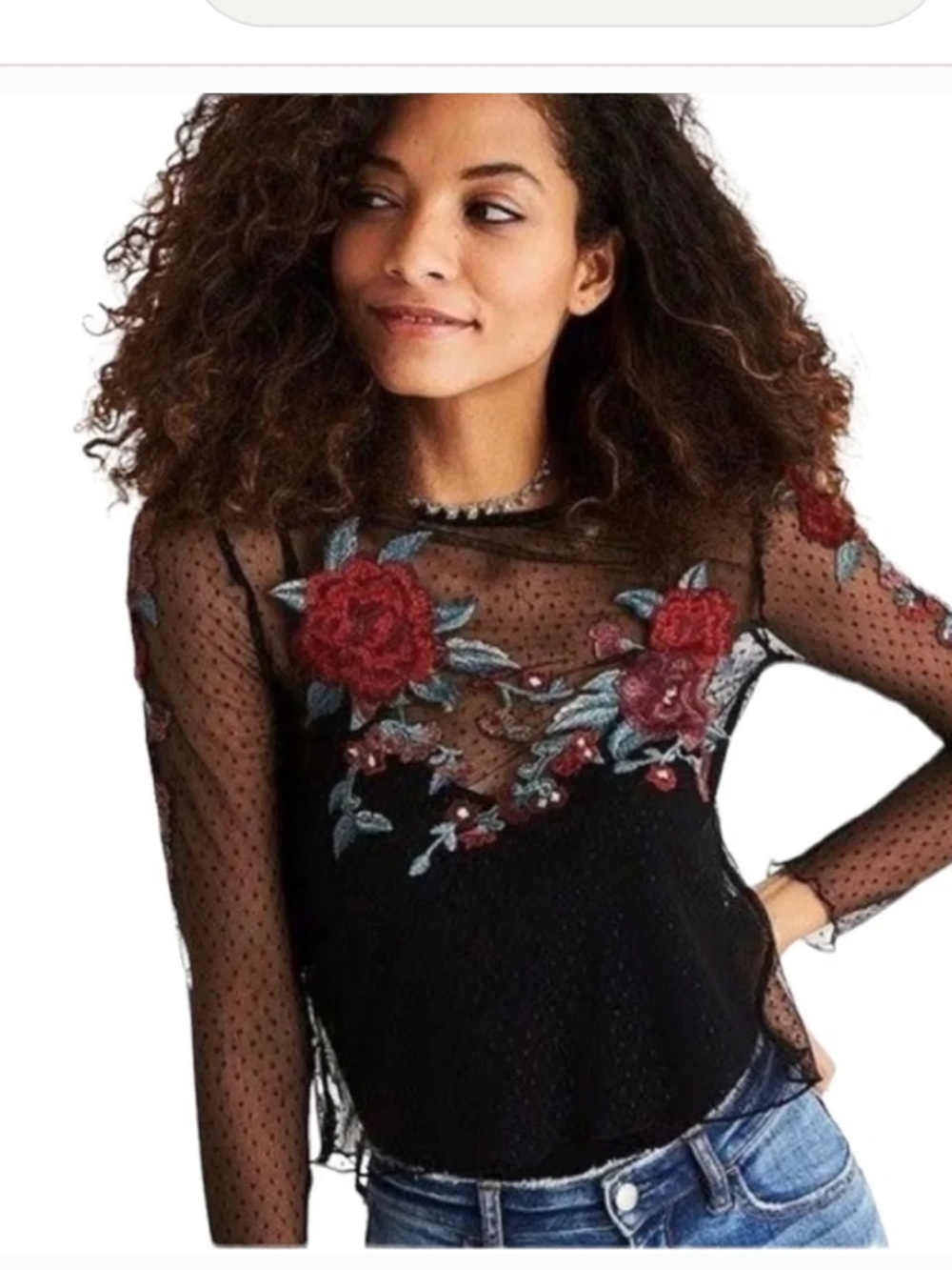 American Eagle Embroidered Floral Sheer Mesh Top Black Roses NWT M